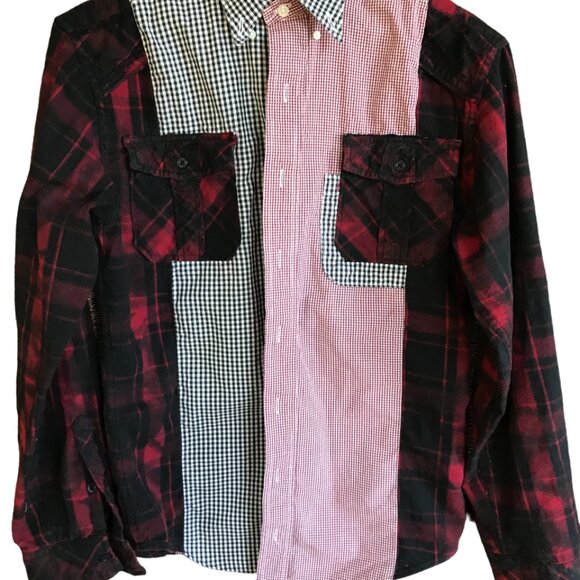 Upcycled Mixed Print Oversized Shirt, S to M: Red Black Gingham, Plaid Flannel - Picture 10 of 11